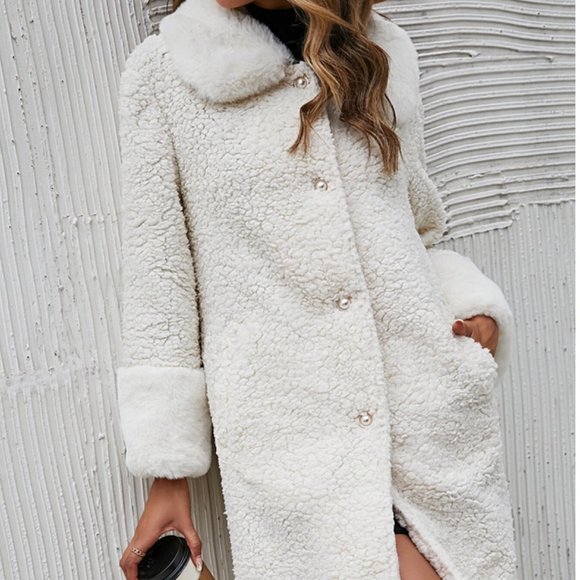white plush button up teddy coat chic elegant classy - Picture 4 of 6
